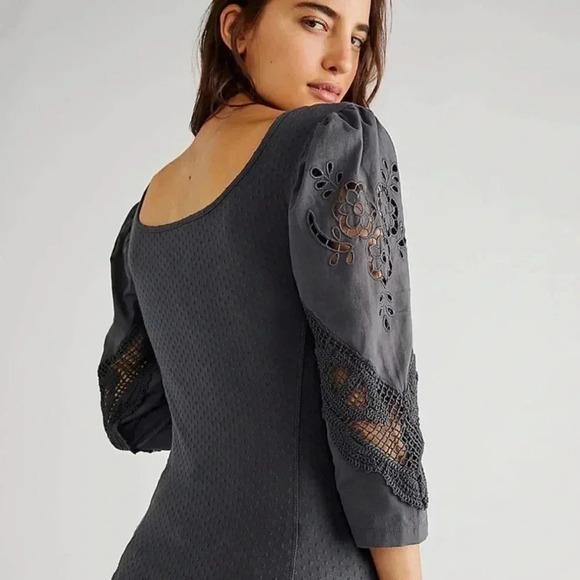 Free People Gray Eyelet Sleeve Top - Picture 10 of 15